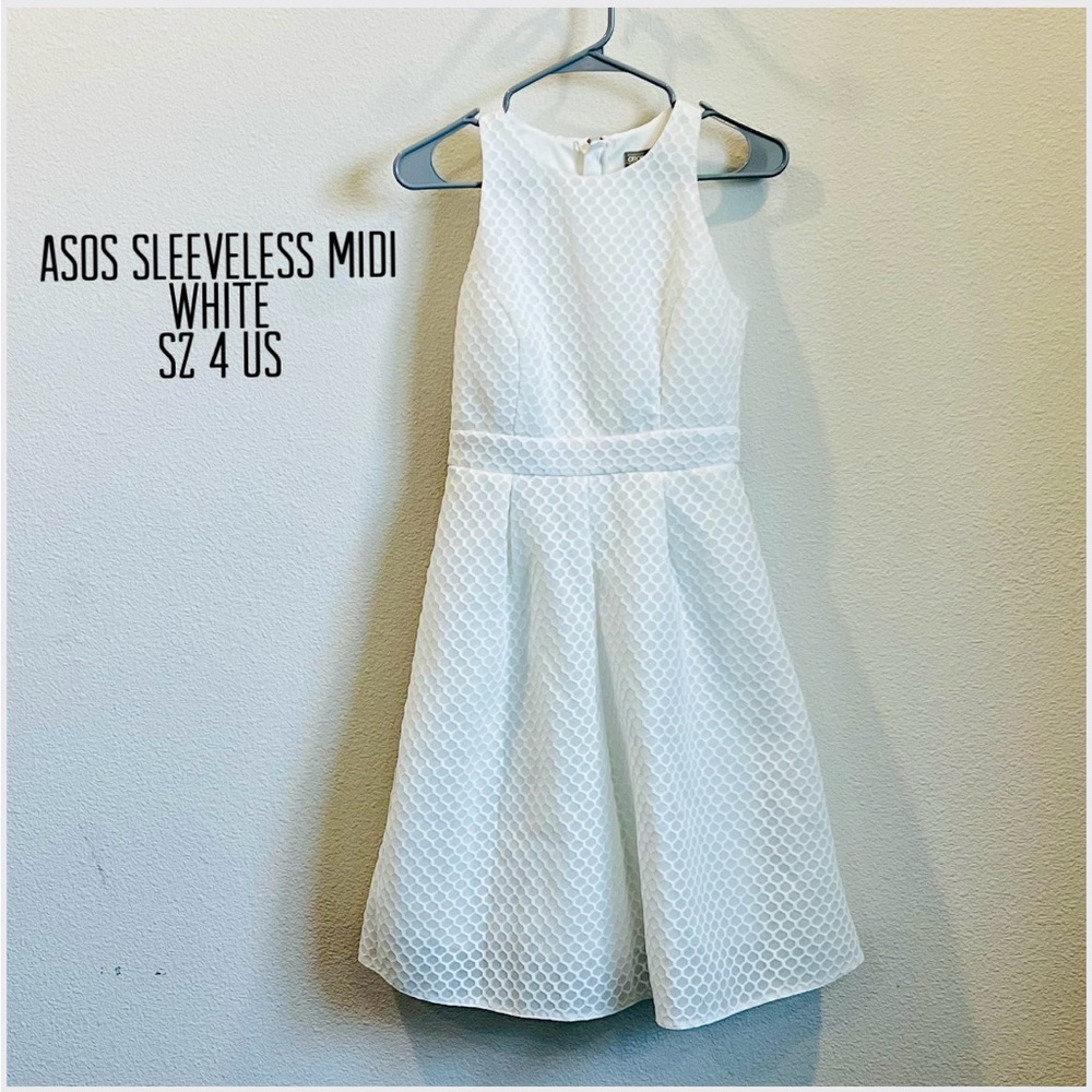 Women ASOS white sleeveless pleated midi dress polyester honeycomb pattern sz 4